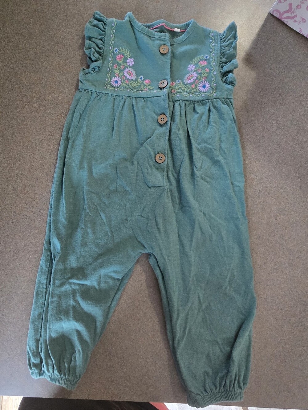 Mini Boden Teal Green Floral-Embroidered Romper